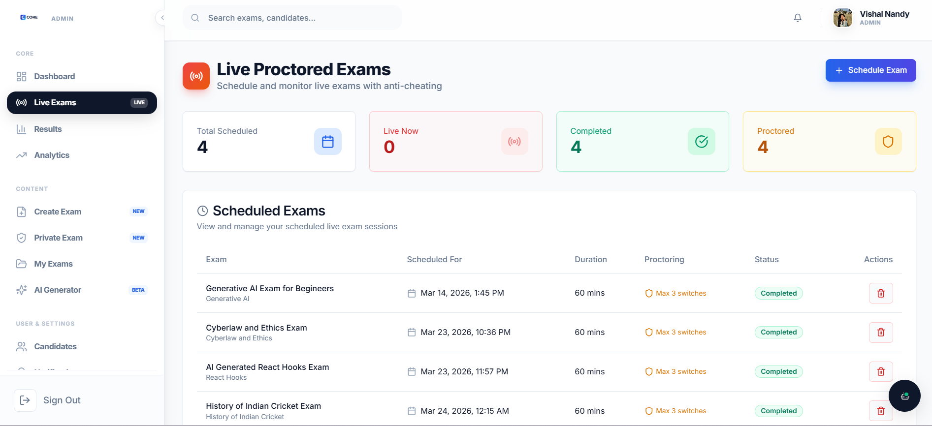 CORE AI proctoring live monitoring interface